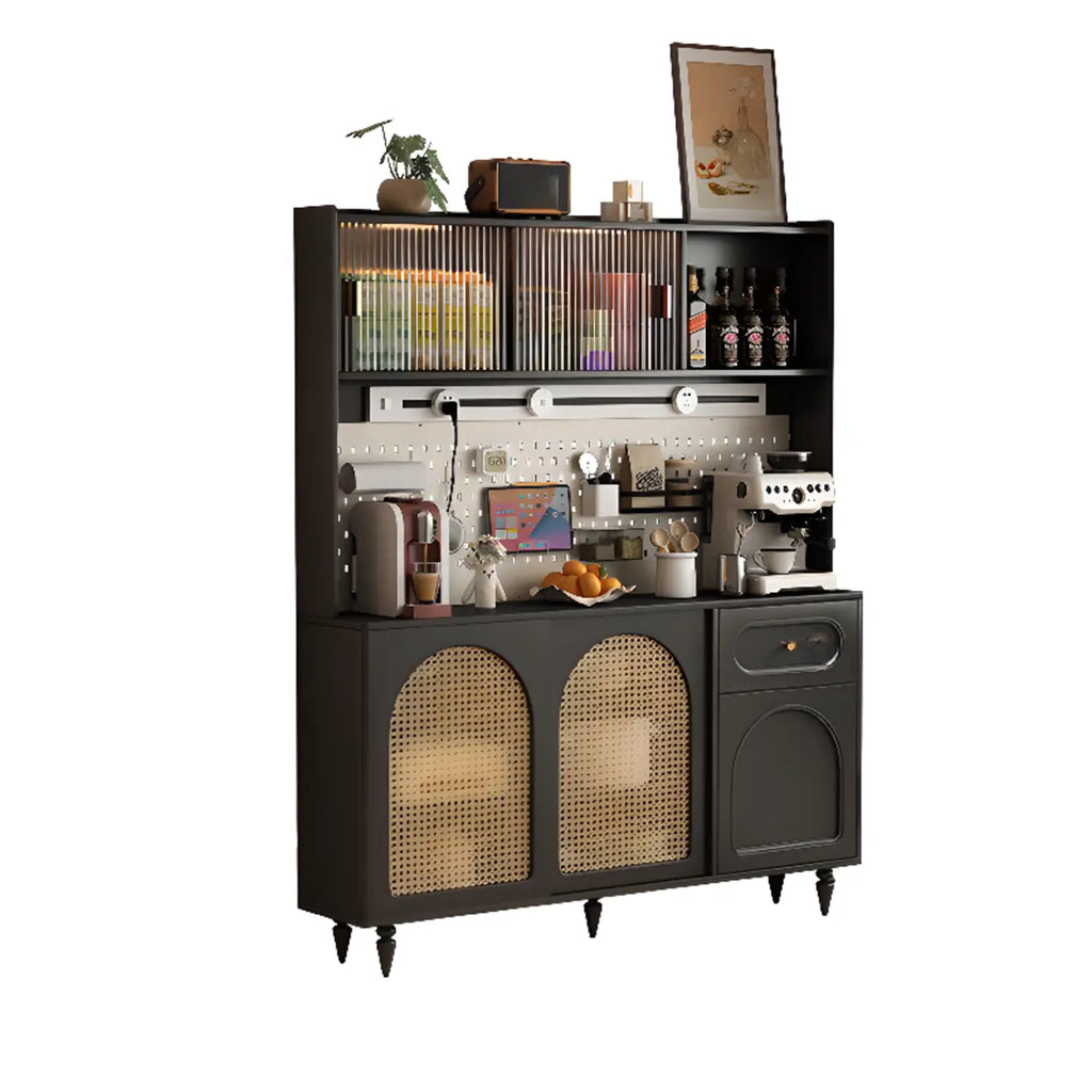 Kitchen Espresso Wood Black Rattan Door Sideboard