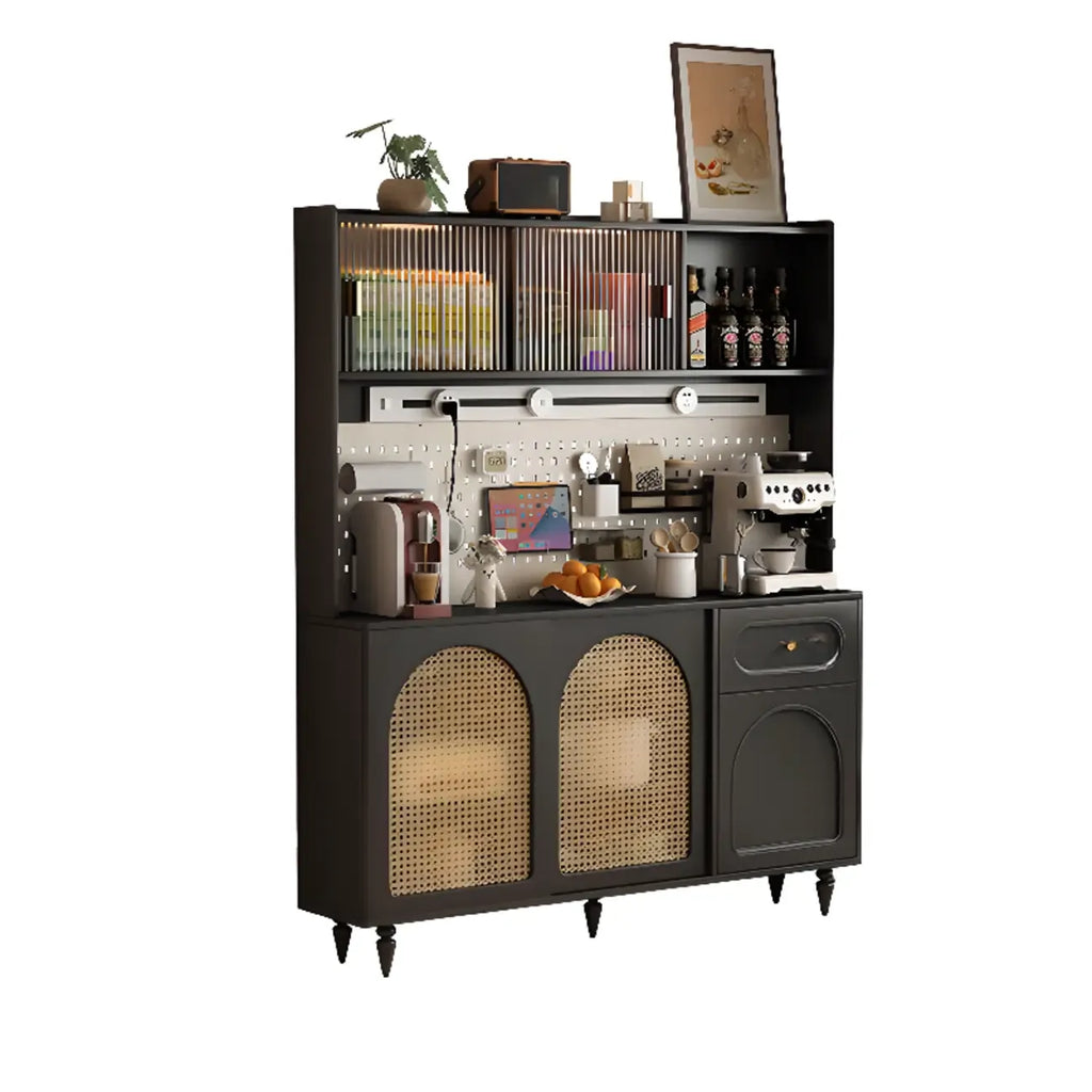 Kitchen Espresso Wood Black Rattan Door Sideboard