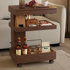 Brown Wood Rectangular 3-Tier Rolling Side Table