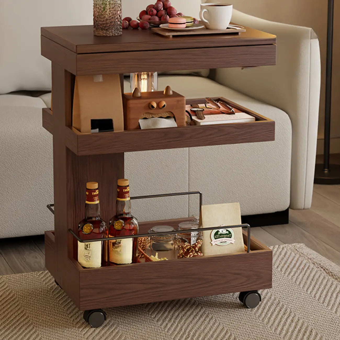 Brown Wood Rectangular 3-Tier Rolling Side Table