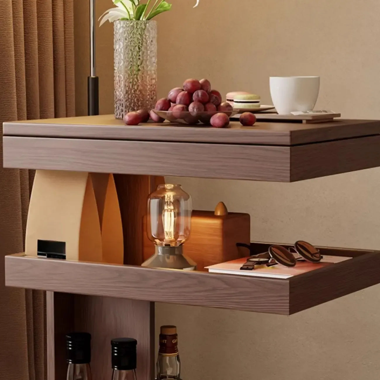 Brown Wood Rectangular 3-Tier Rolling Side Table