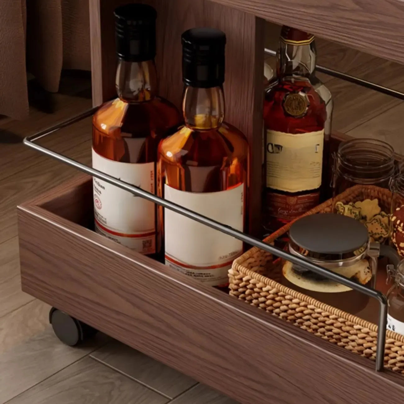 Brown Wood Rectangular 3-Tier Rolling Side Table