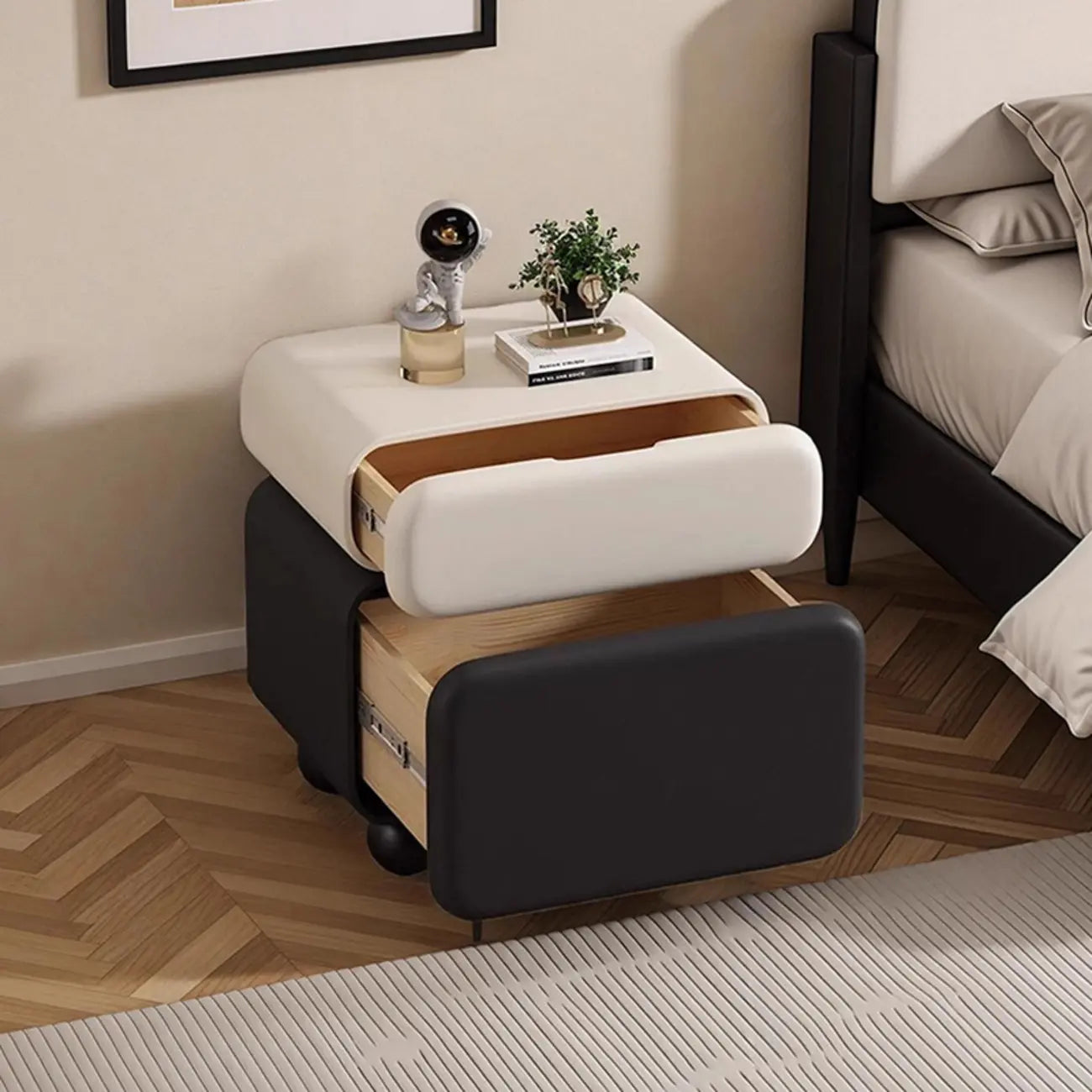 Sleek Black & White Two Drawers Bedside Nightstand