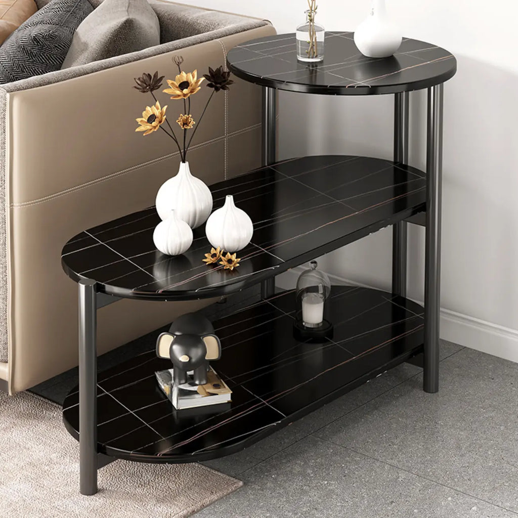 Black Oval 3-Tier Wood Storage Side Table with Metal Legs