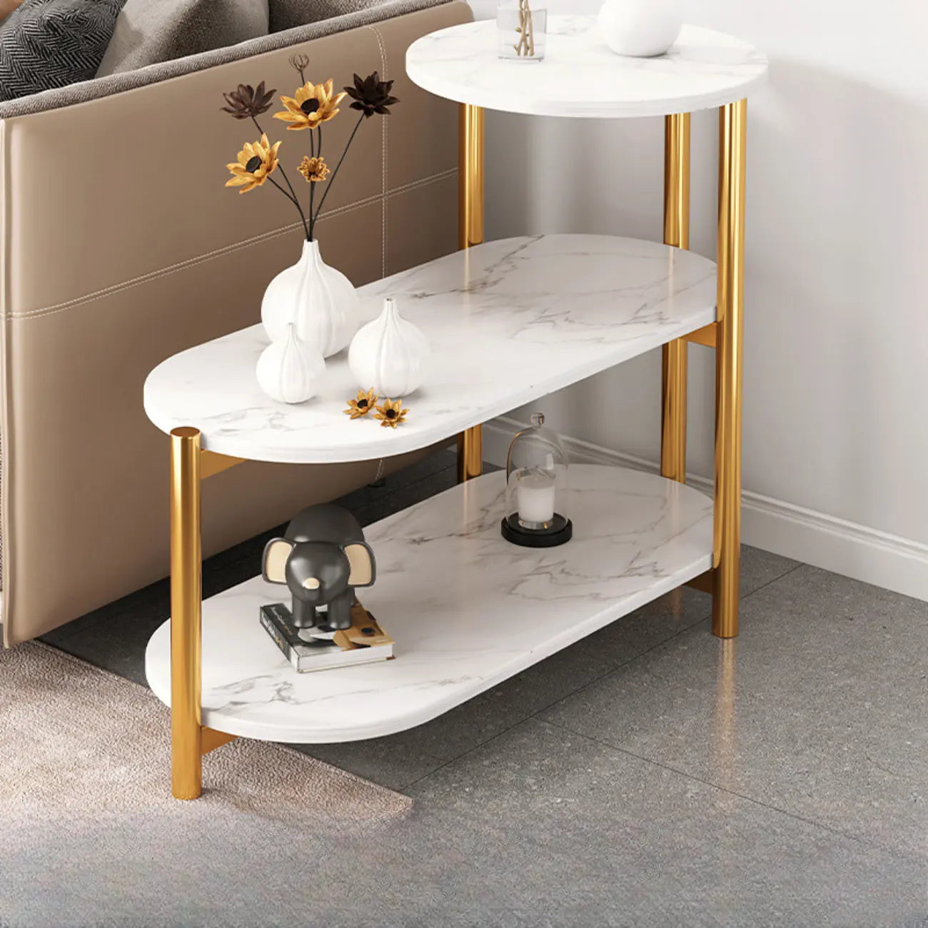 Black Oval 3-Tier Wood Storage Side Table with Metal Legs