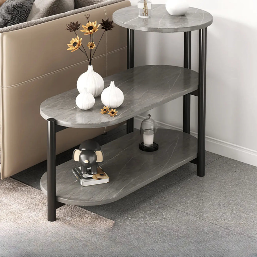 Black Oval 3-Tier Wood Storage Side Table with Metal Legs