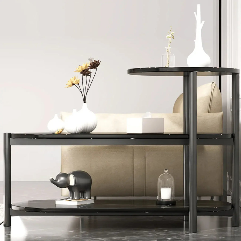 Black Oval 3-Tier Wood Storage Side Table with Metal Legs