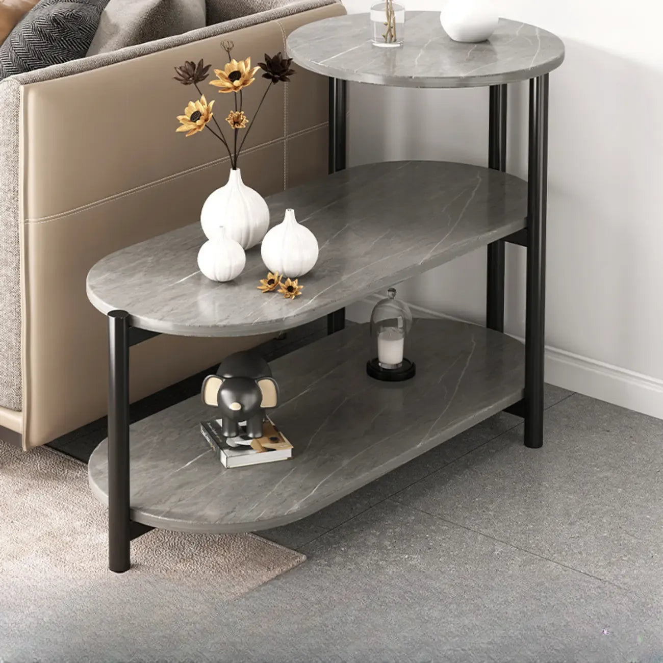 Black Oval 3-Tier Wood Storage Side Table with Metal Legs