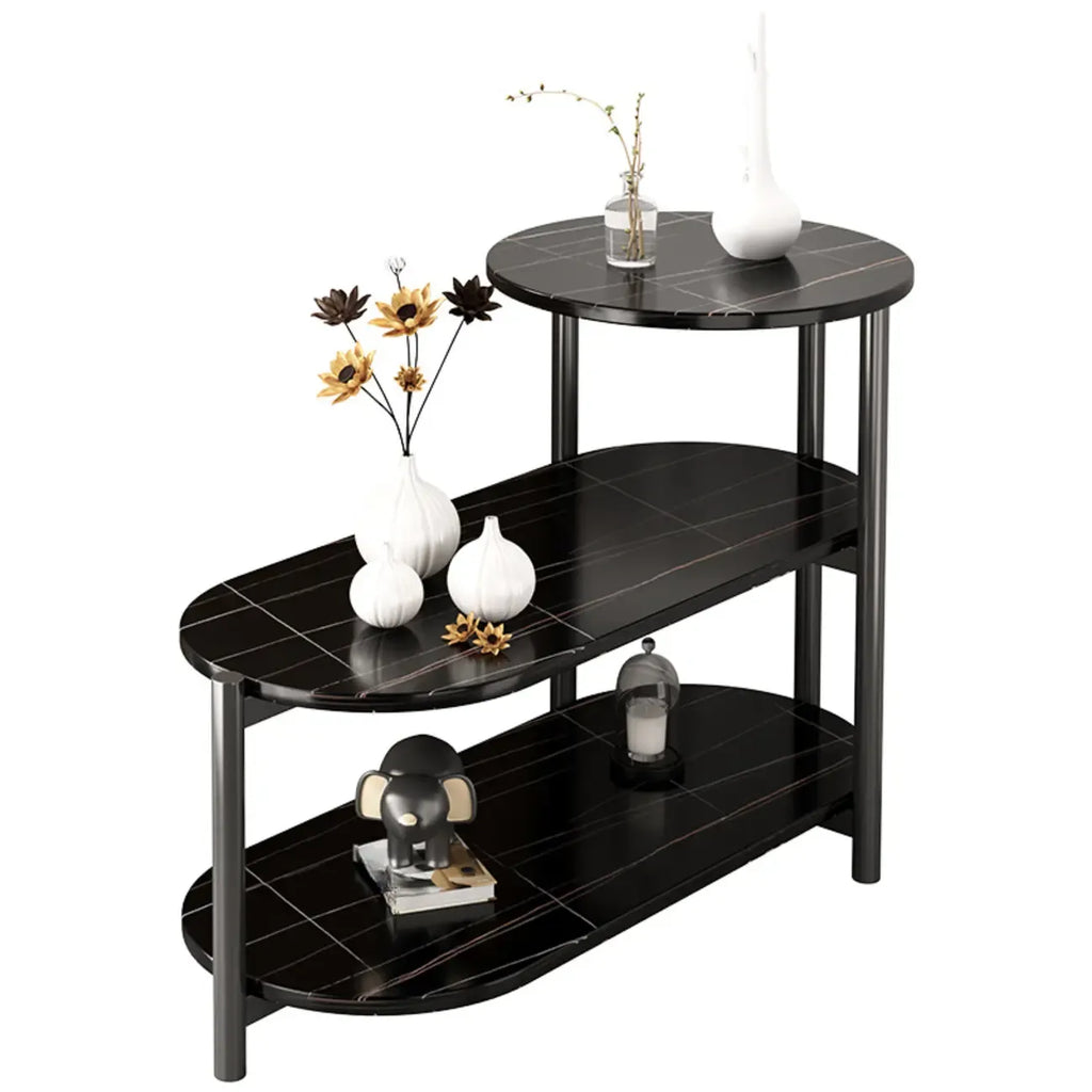 Black Oval 3-Tier Wood Storage Side Table with Metal Legs