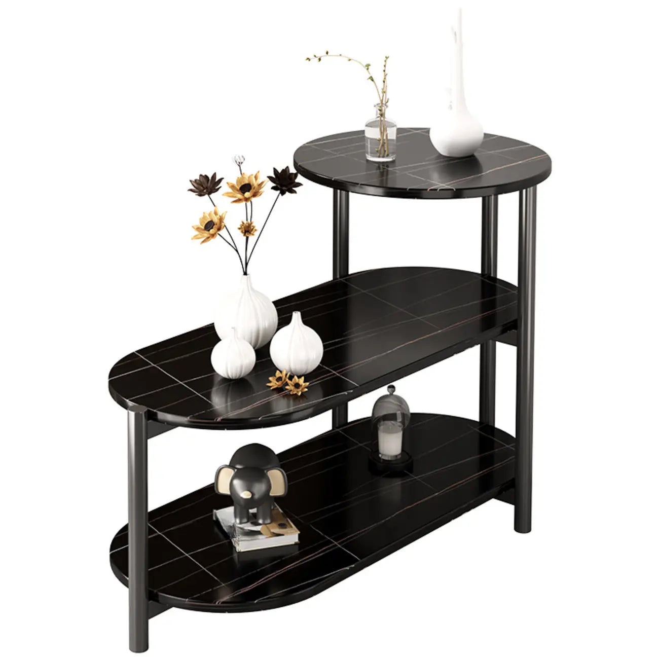 Black Oval 3-Tier Wood Storage Side Table with Metal Legs