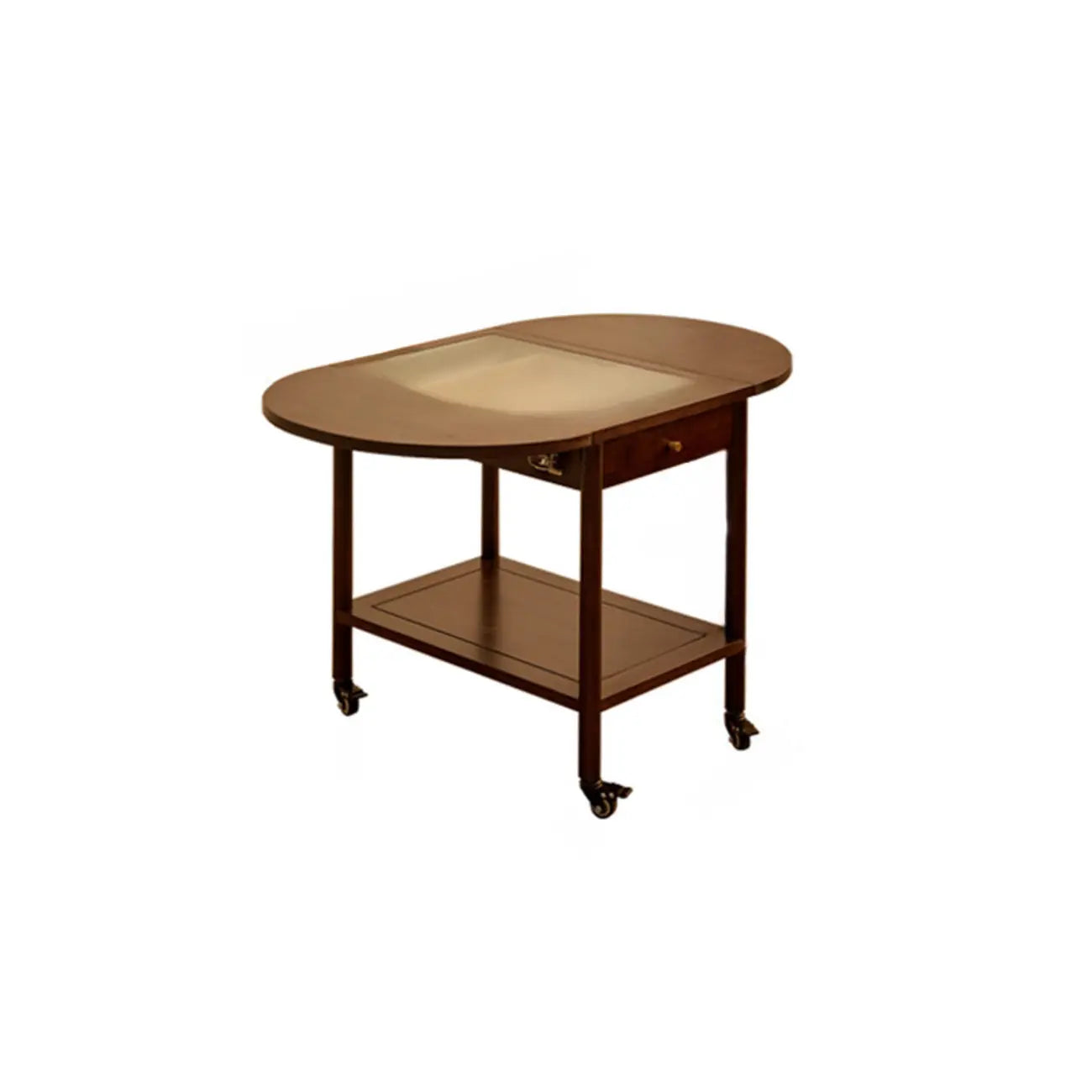 Small Foldable Mobile Wood Glass Oval Side Table with Drawer