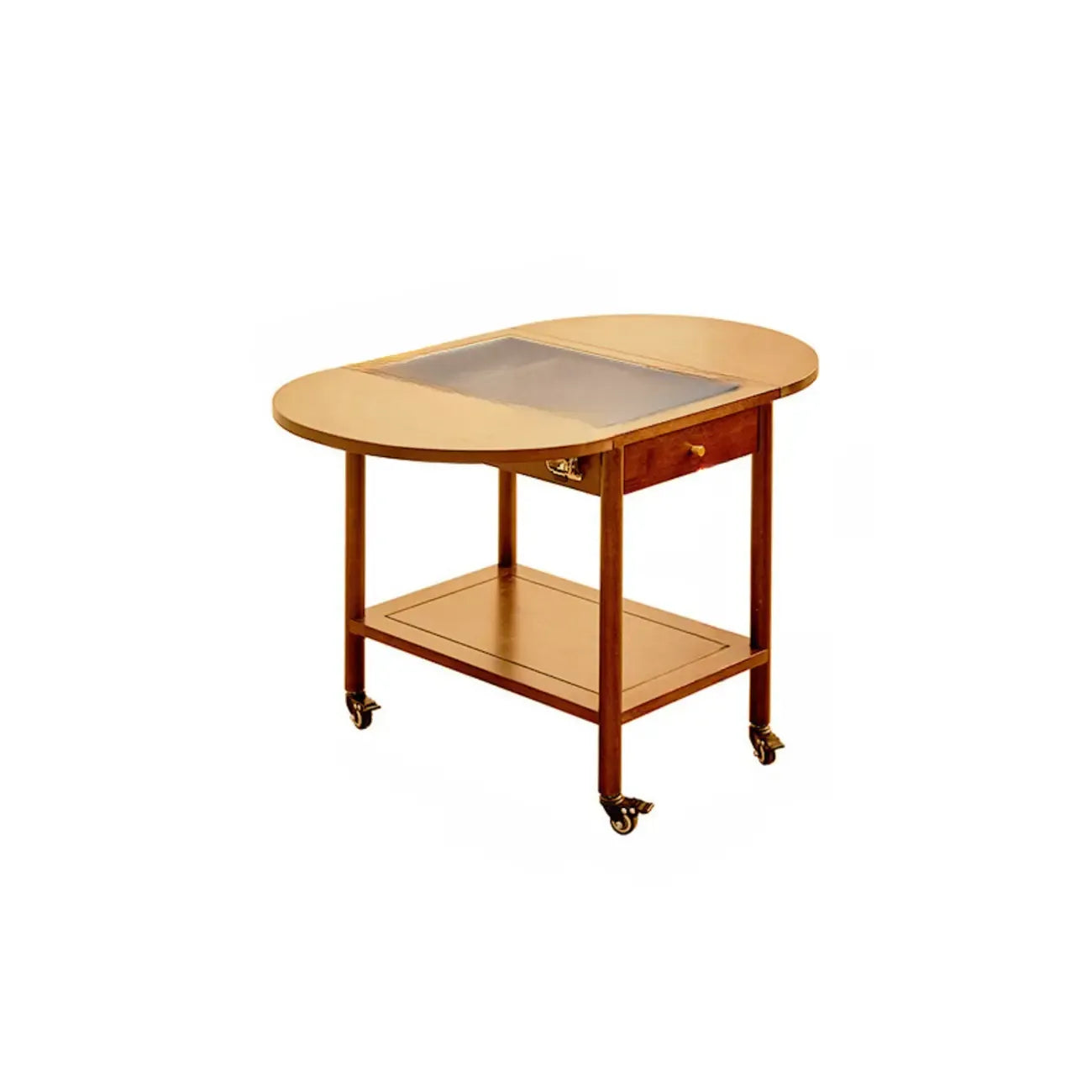 Small Foldable Mobile Wood Glass Oval Side Table with Drawer