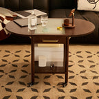 Small Foldable Mobile Wood Glass Oval Side Table with Drawer