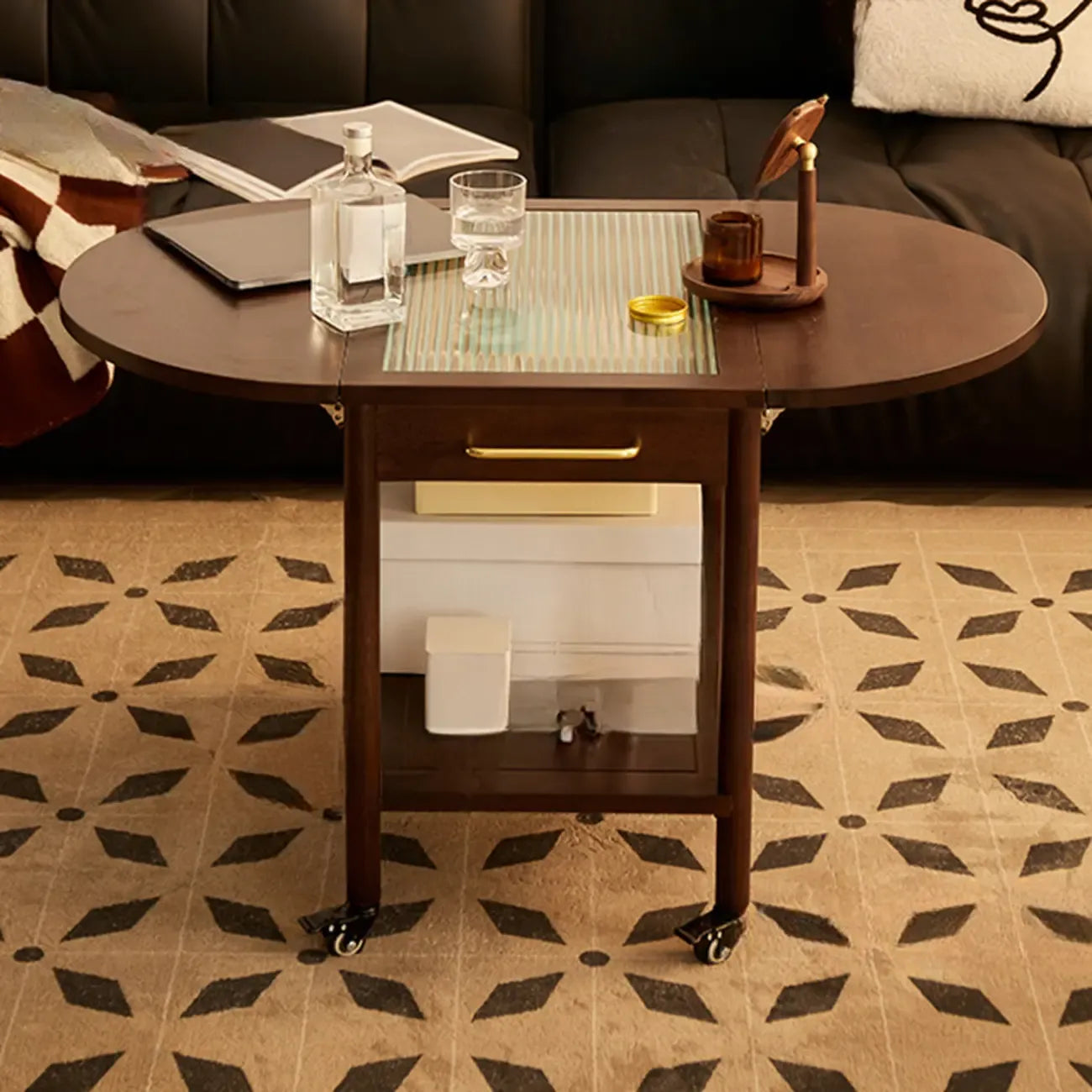 Small Foldable Mobile Wood Glass Oval Side Table with Drawer