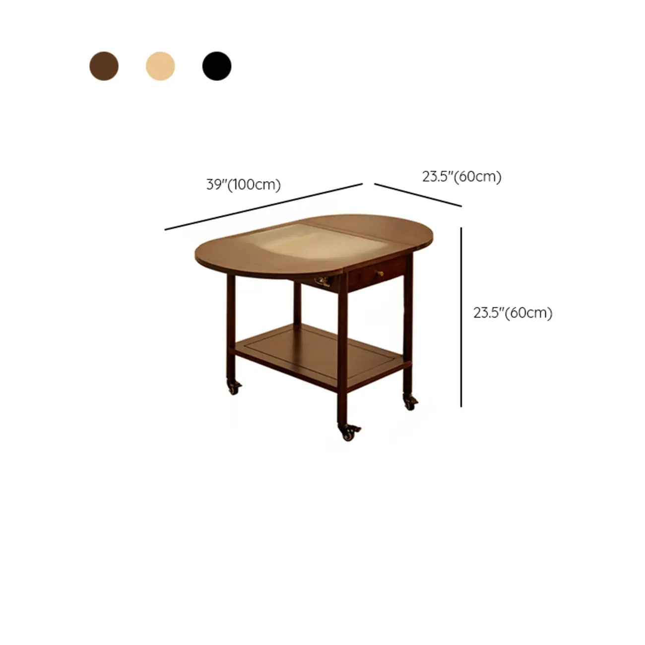 Small Foldable Mobile Wood Glass Oval Side Table with Drawer