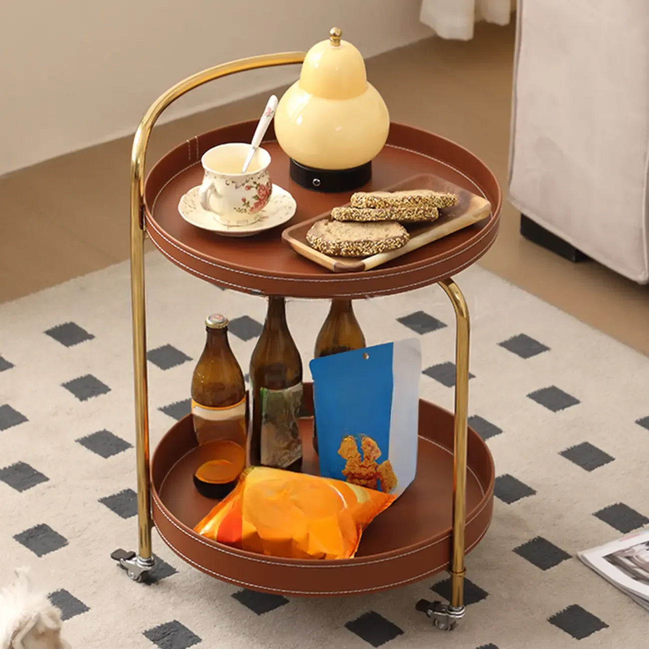 Mobile 2 Layers Brown Leather Metal Round Side Table