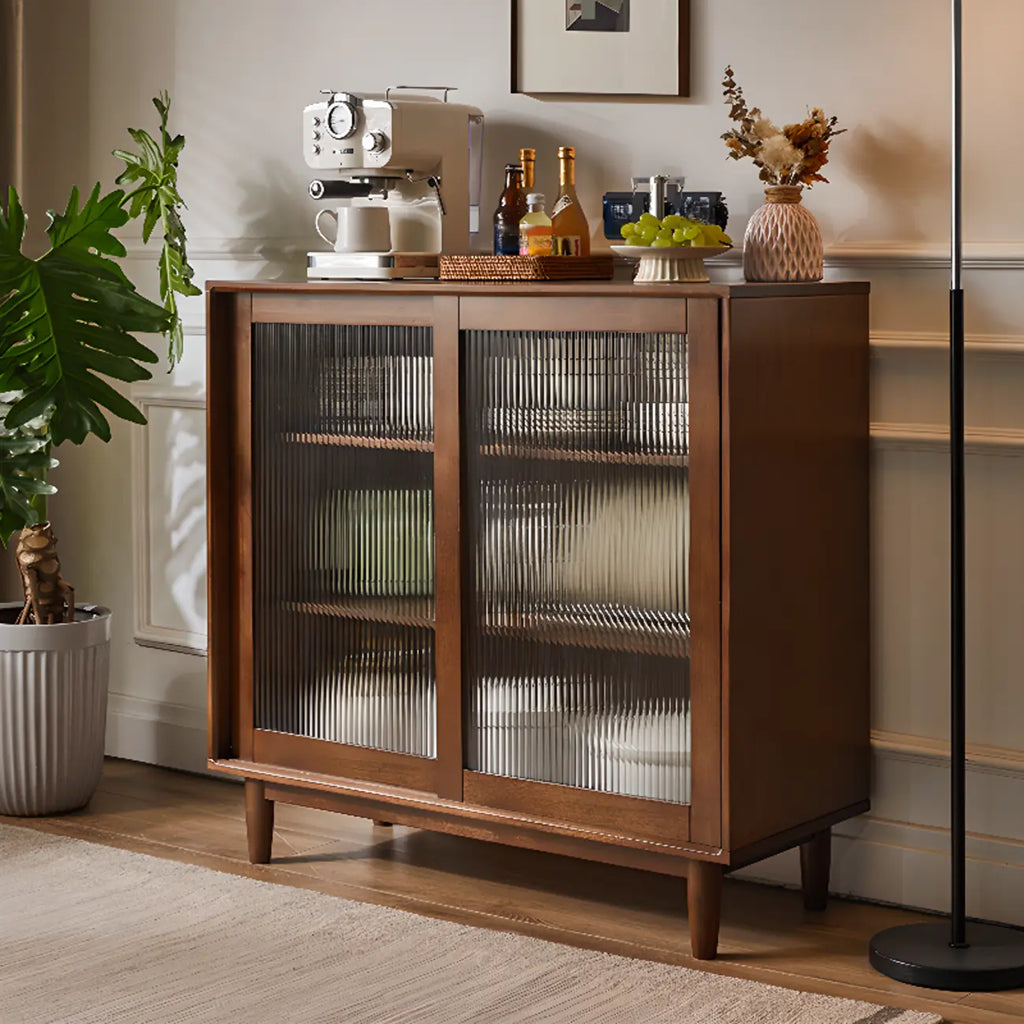 Rectangular Cherry Wood Sliding Glass Door Sideboard Cabinet