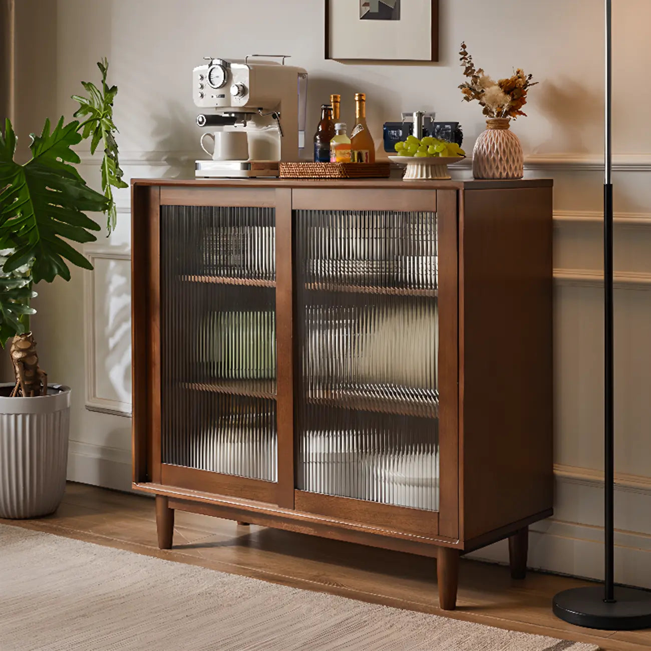 Rectangular Cherry Wood Sliding Glass Door Sideboard Cabinet