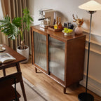 Rectangular Cherry Wood Sliding Glass Door Sideboard Cabinet