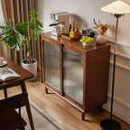 Rectangular Cherry Wood Sliding Glass Door Sideboard Cabinet