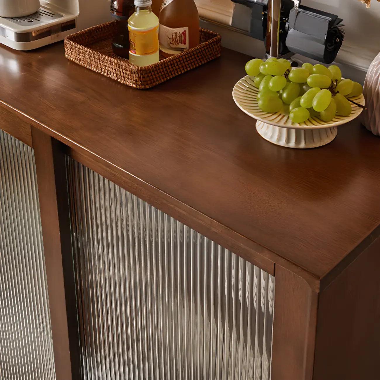 Rectangular Cherry Wood Sliding Glass Door Sideboard Cabinet