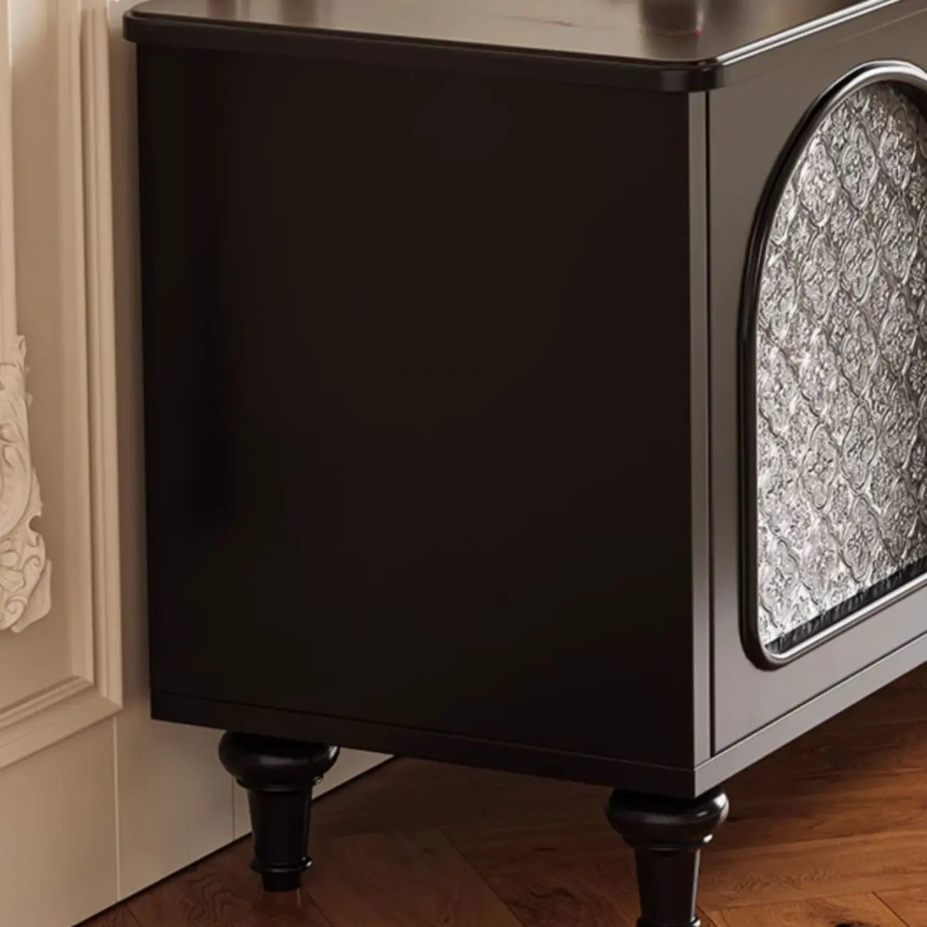 Modern Wood Curved Glass Door Black TV Stand with Light