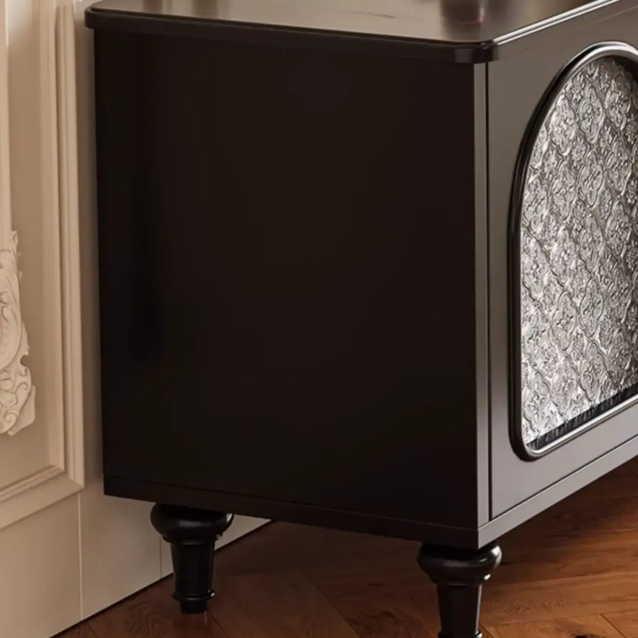 Modern Wood Curved Glass Door Black TV Stand with Light