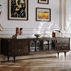 Long Modern Brown Wooden Storage TV Stand with Glass Doors