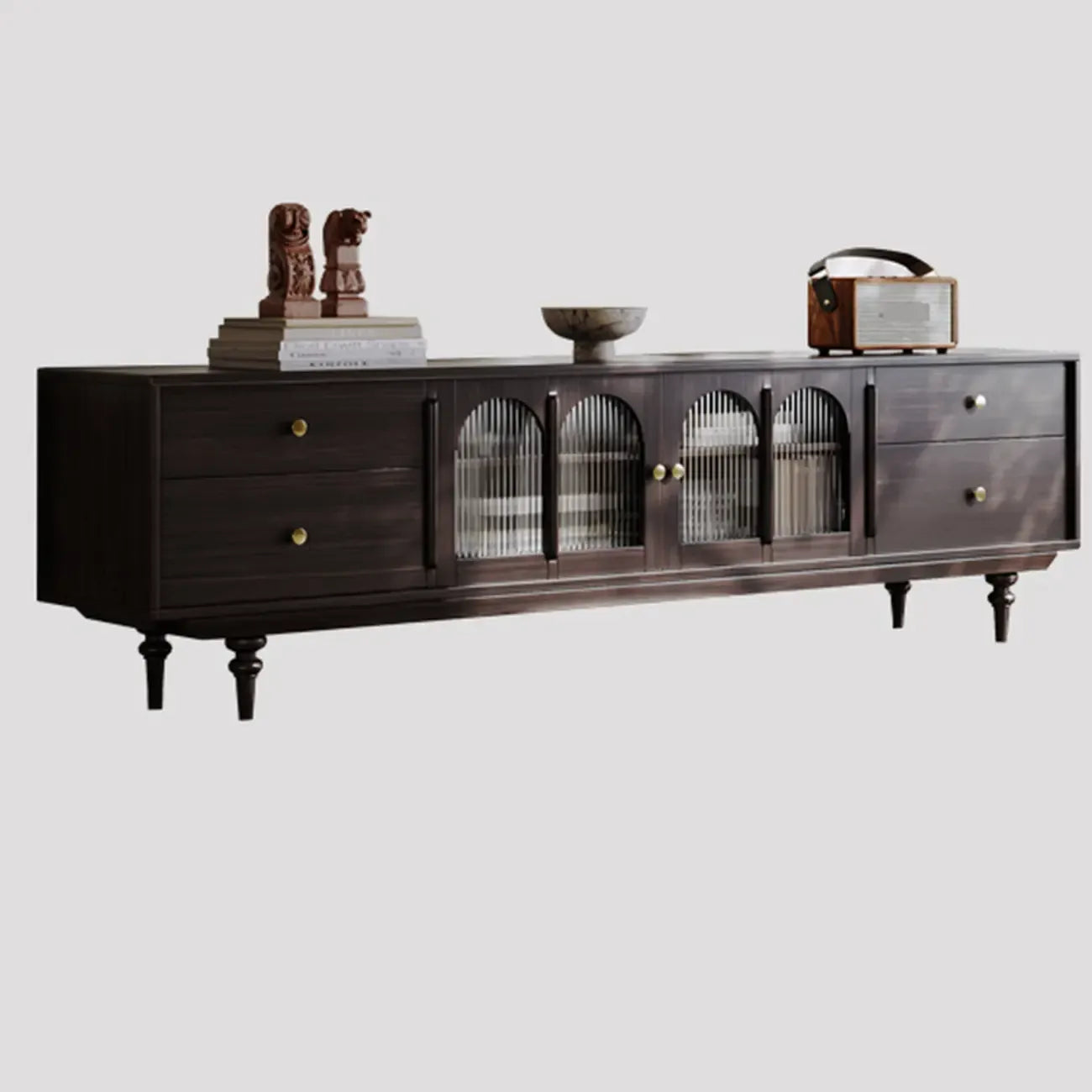 Long Modern Brown Wooden Storage TV Stand with Glass Doors