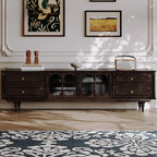 Long Modern Brown Wooden Storage TV Stand with Glass Doors