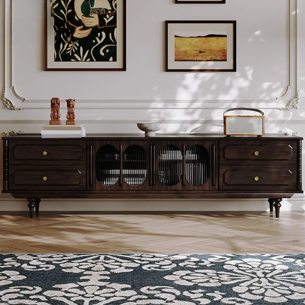 Long Modern Brown Wooden Storage TV Stand with Glass Doors