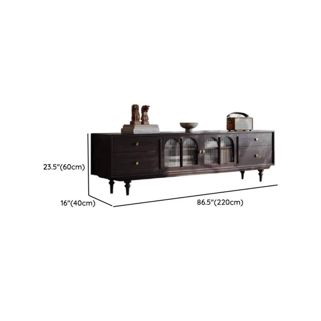 Long Modern Brown Wooden Storage TV Stand with Glass Doors