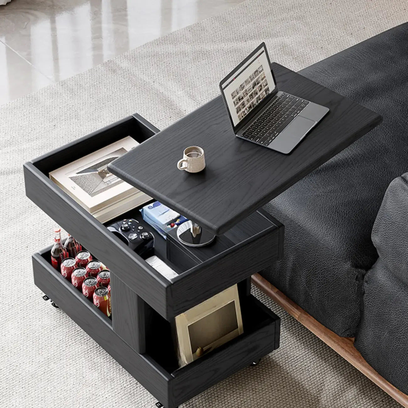 Versatile Swivel Top Modern Wood Side Table with Wheels