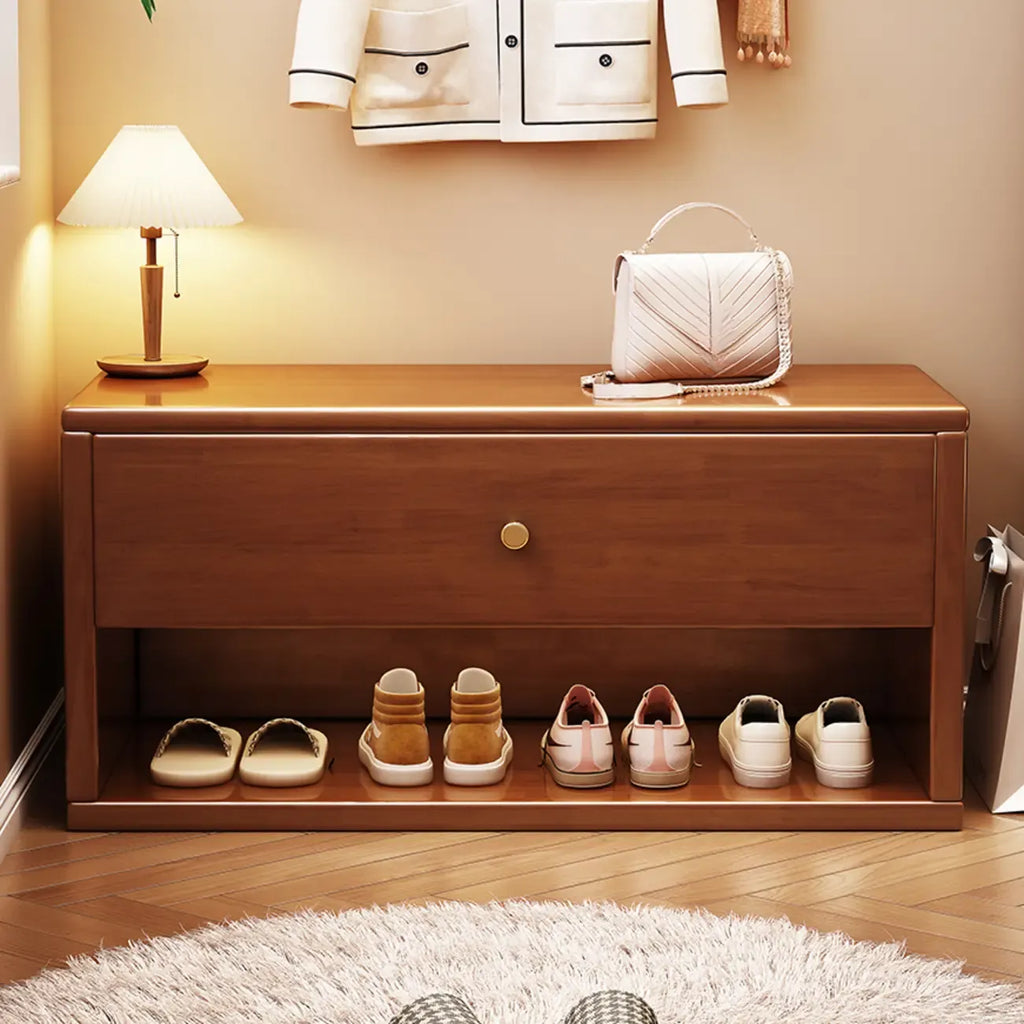 Compact Walnut Wood Storage Entryway Bench with Drawer