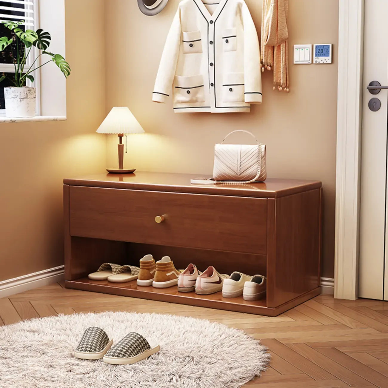 Compact Walnut Wood Storage Entryway Bench with Drawer