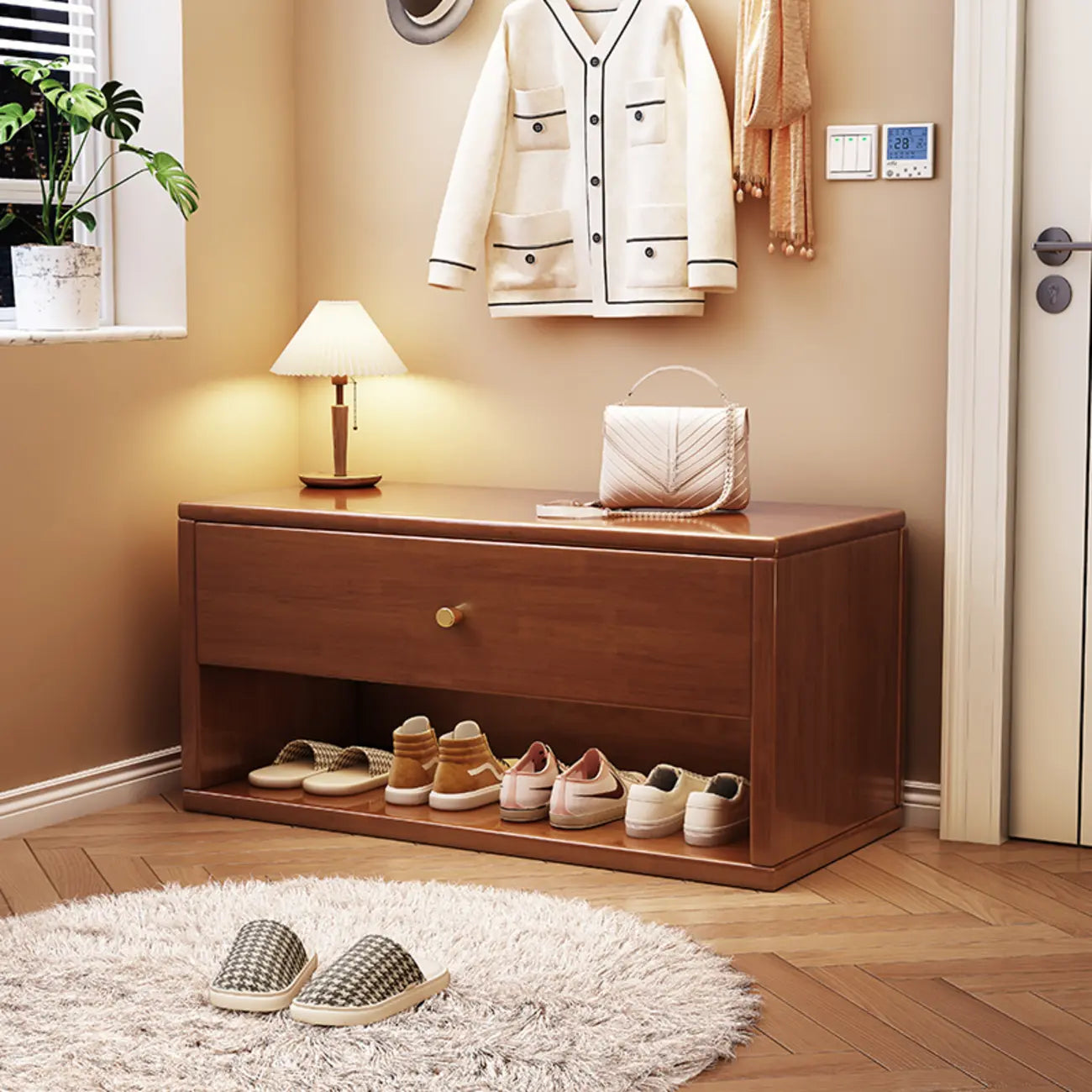 Compact Walnut Wood Storage Entryway Bench with Drawer