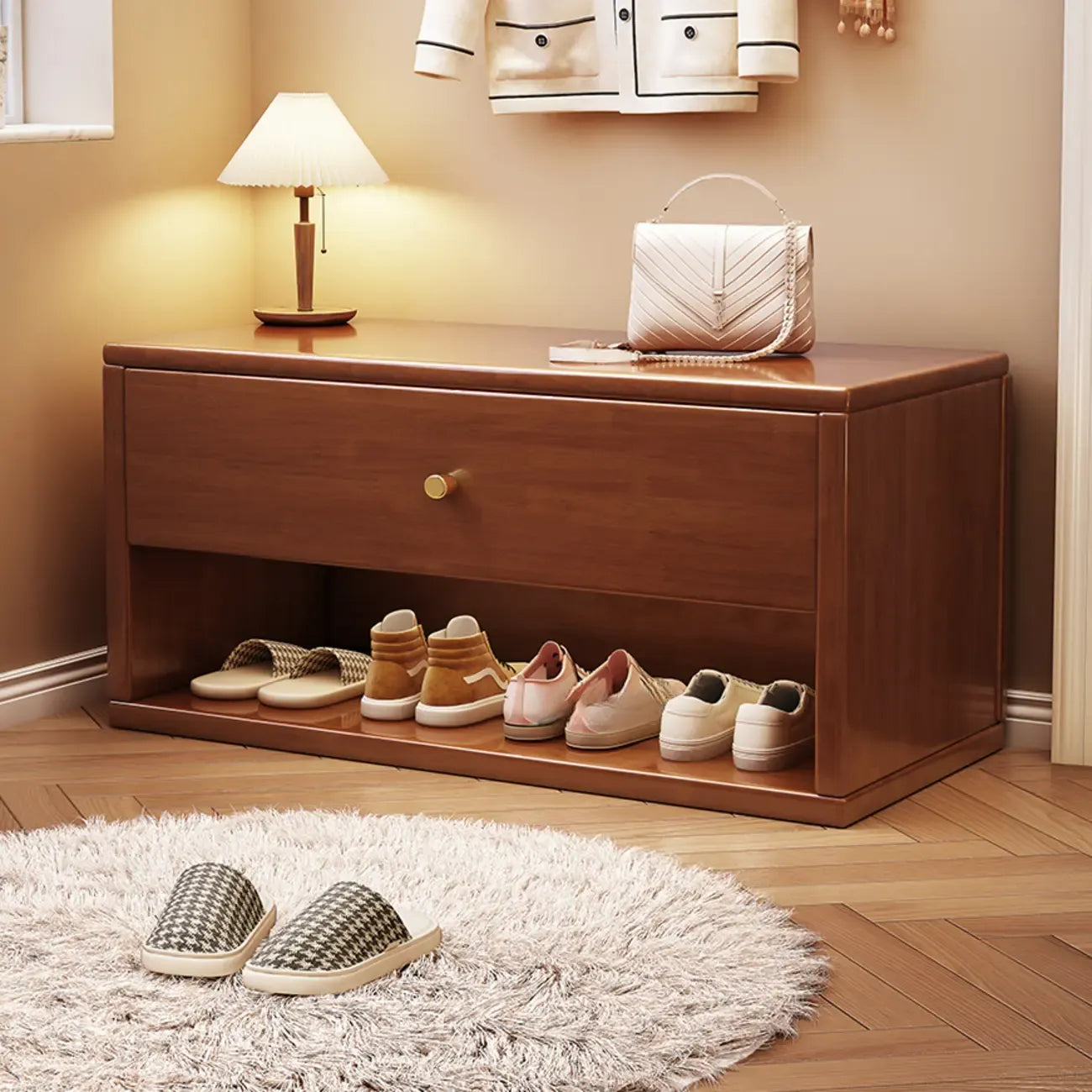 Compact Walnut Wood Storage Entryway Bench with Drawer