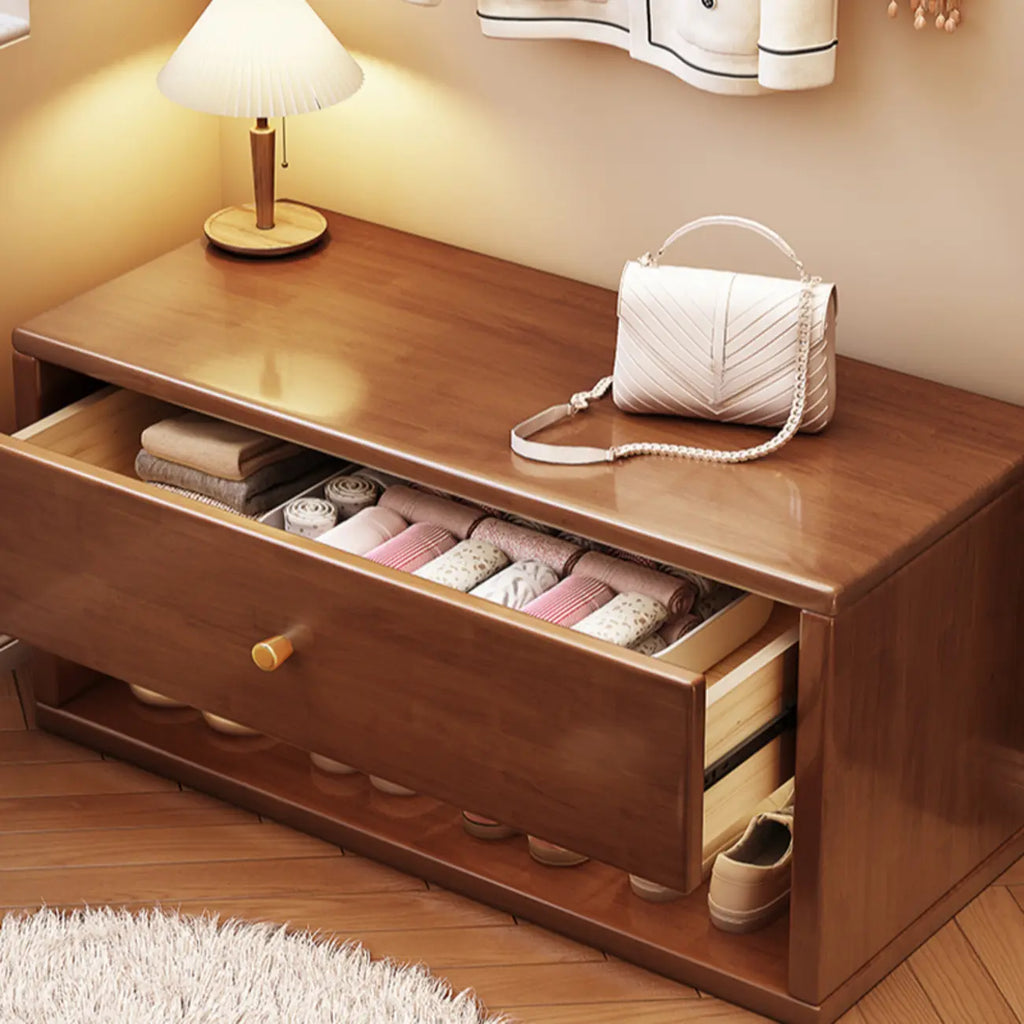 Compact Walnut Wood Storage Entryway Bench with Drawer