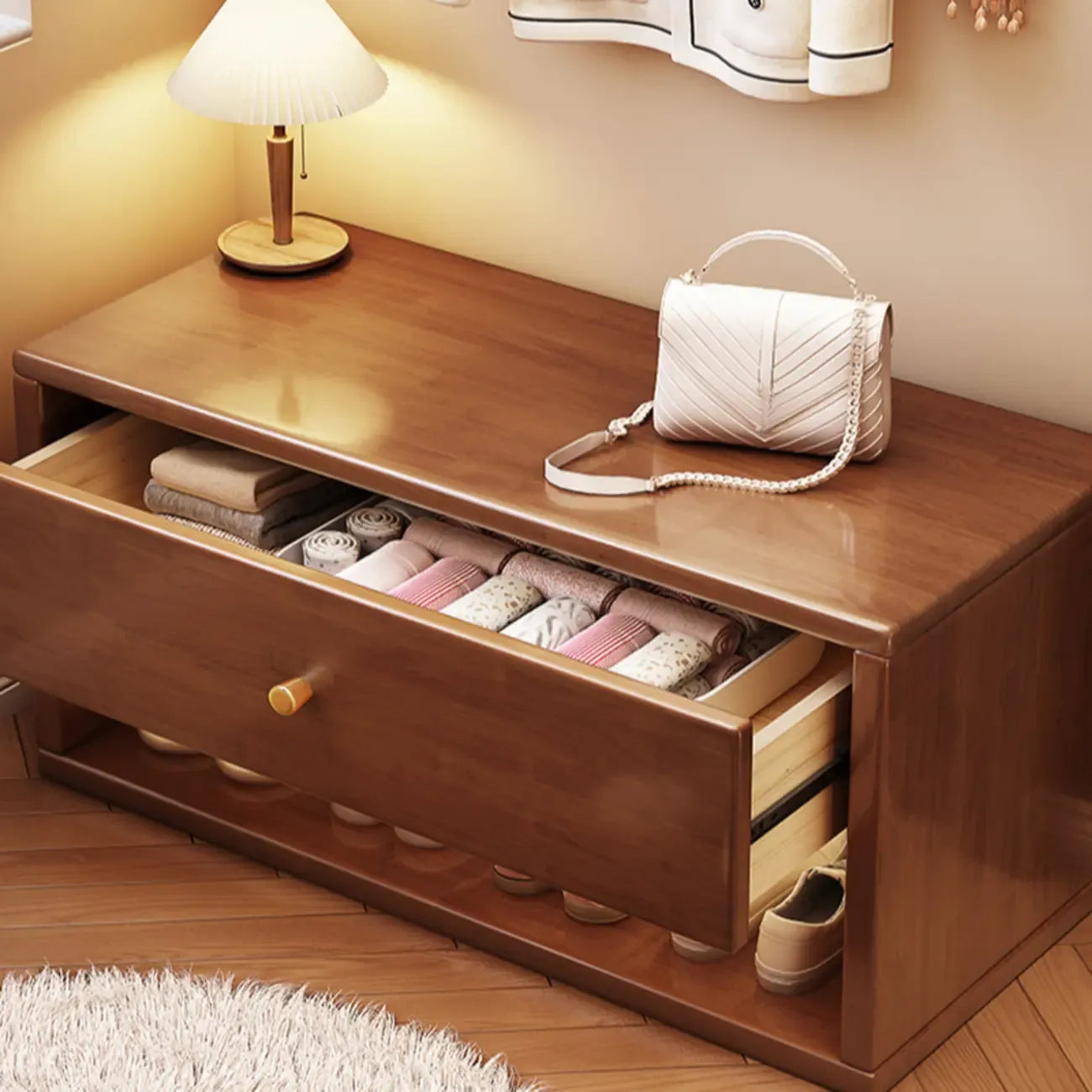 Compact Walnut Wood Storage Entryway Bench with Drawer