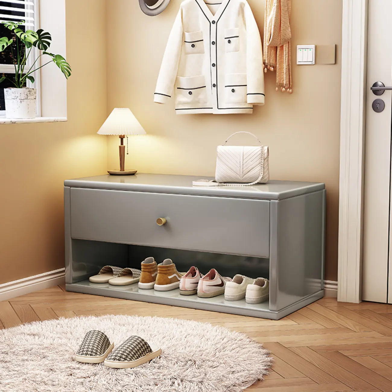 Compact Walnut Wood Storage Entryway Bench with Drawer