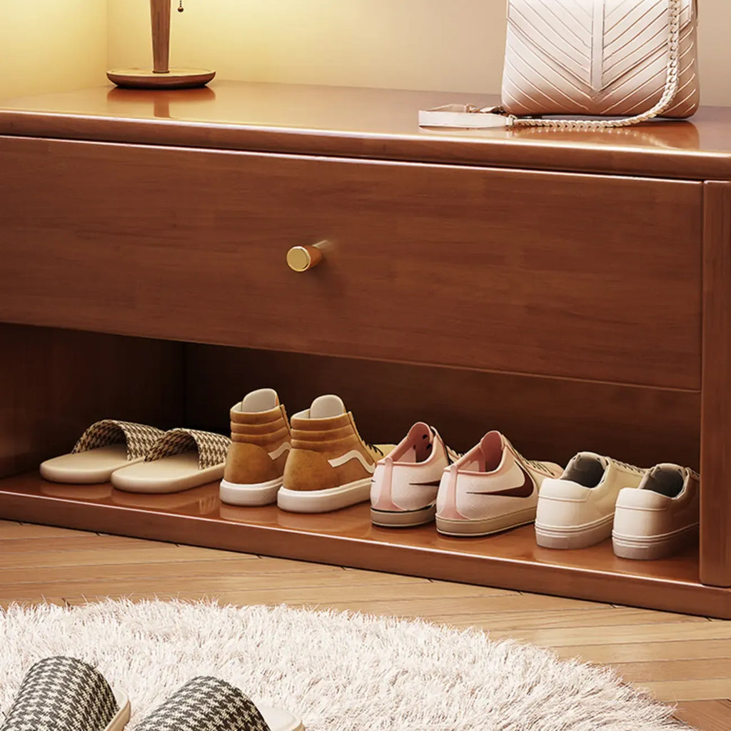 Compact Walnut Wood Storage Entryway Bench with Drawer