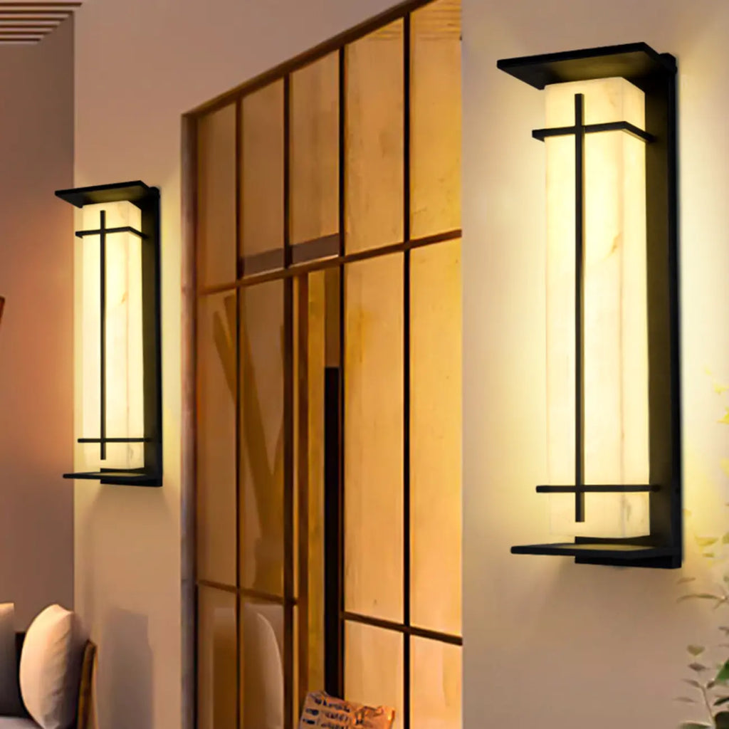 Outdoor Black Cylinder Steel & Stone LED Wall Sconce