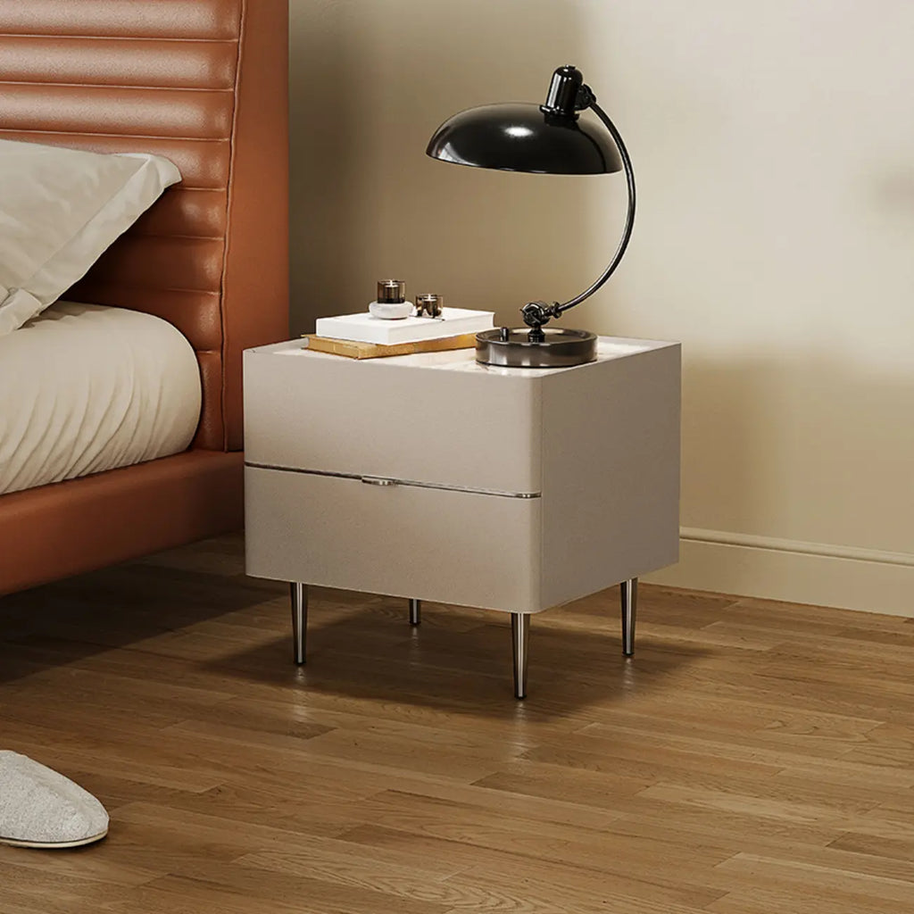 White Stone Top 2-Drawer Wood Square Nightstand