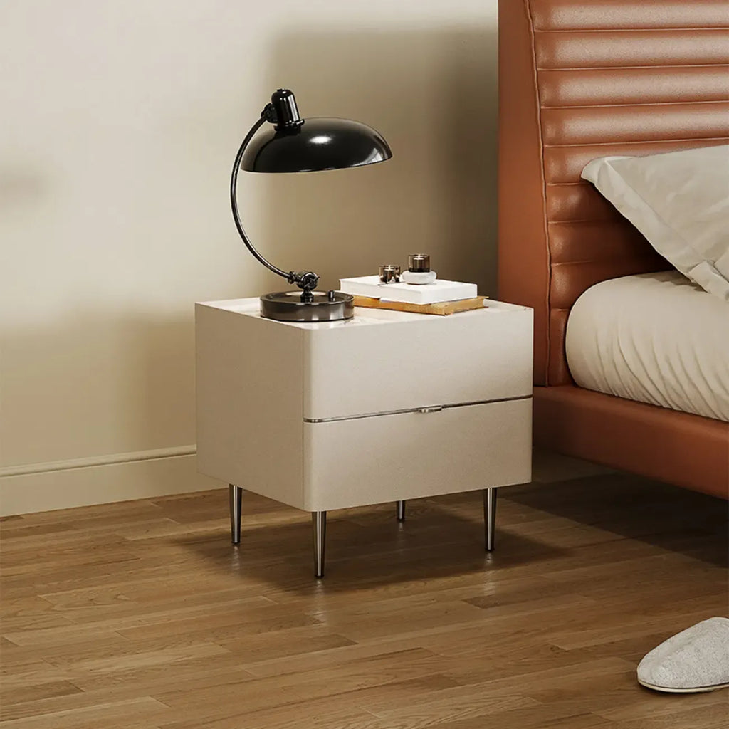 White Stone Top 2-Drawer Wood Square Nightstand