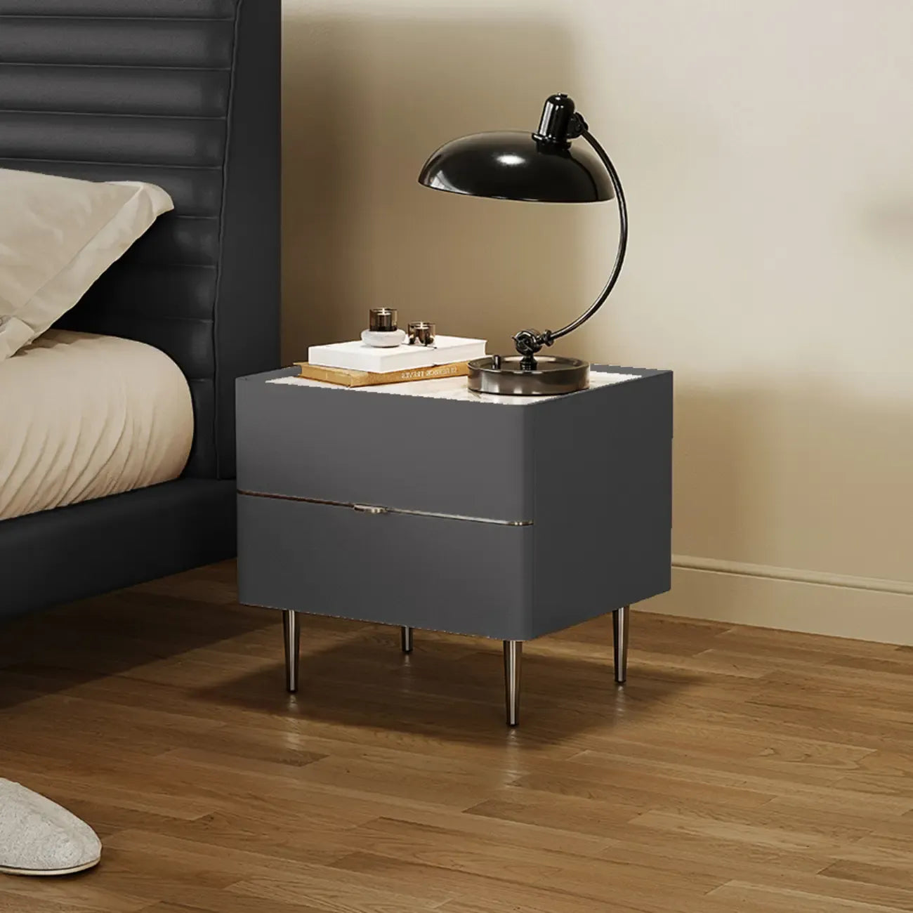 White Stone Top 2-Drawer Wood Square Nightstand