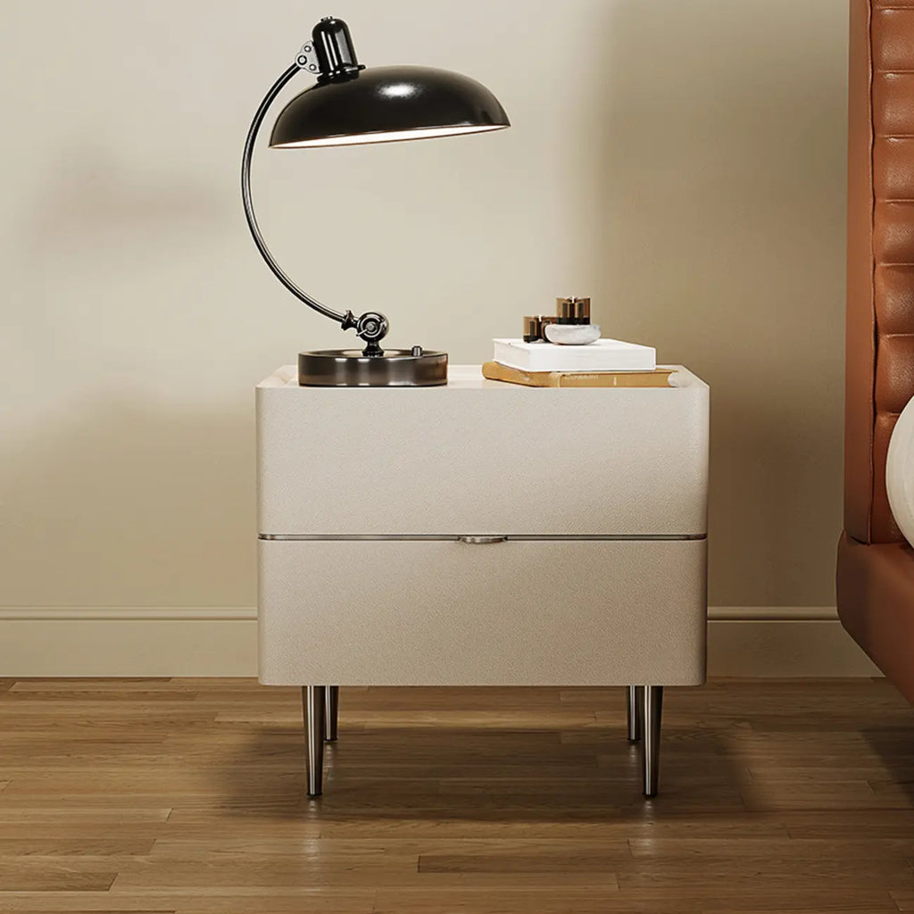 White Stone Top 2-Drawer Wood Square Nightstand