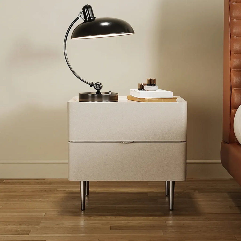 White Stone Top 2-Drawer Wood Square Nightstand