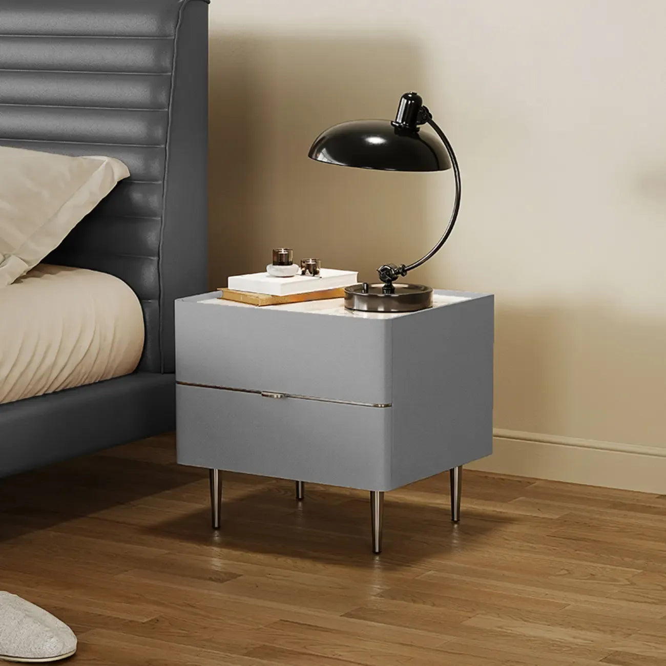 White Stone Top 2-Drawer Wood Square Nightstand