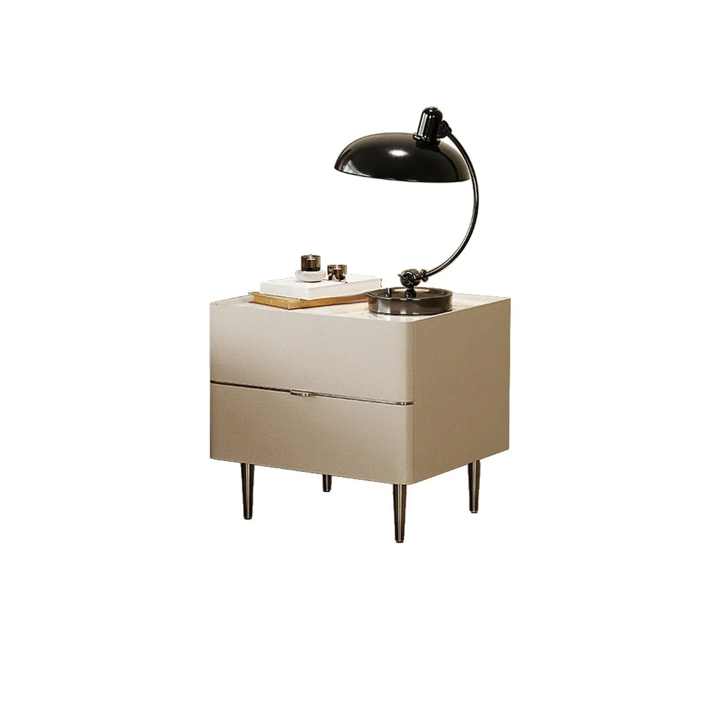 White Stone Top 2-Drawer Wood Square Nightstand