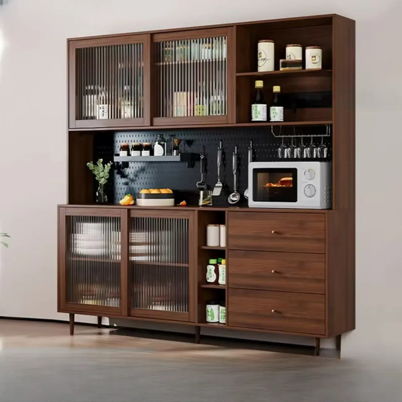 3-Drawer Wooden Fluted Glass Door Kitchen Sideboard